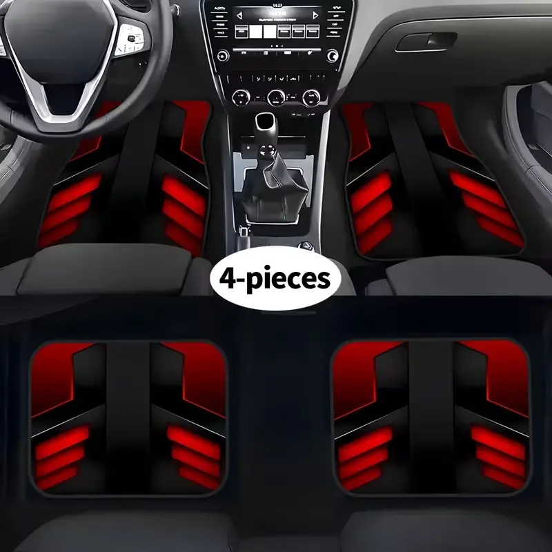 Mech Style 4-Piece Car Floor Mats, Gradient Blocks, Non-Slip Rubber Base, Edge Reinforcement, Water Absorbent