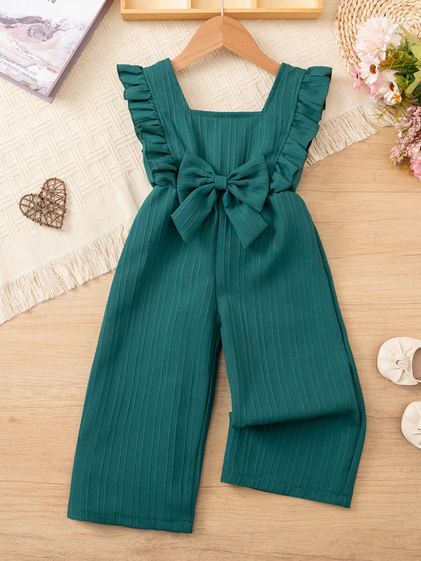 1pcs Girls' Summer Sweet Cute Playful Sleeveless One-Piece Jumpsuit, Plain Casual Comfortable Bow Design, Fitted Style Clothing
