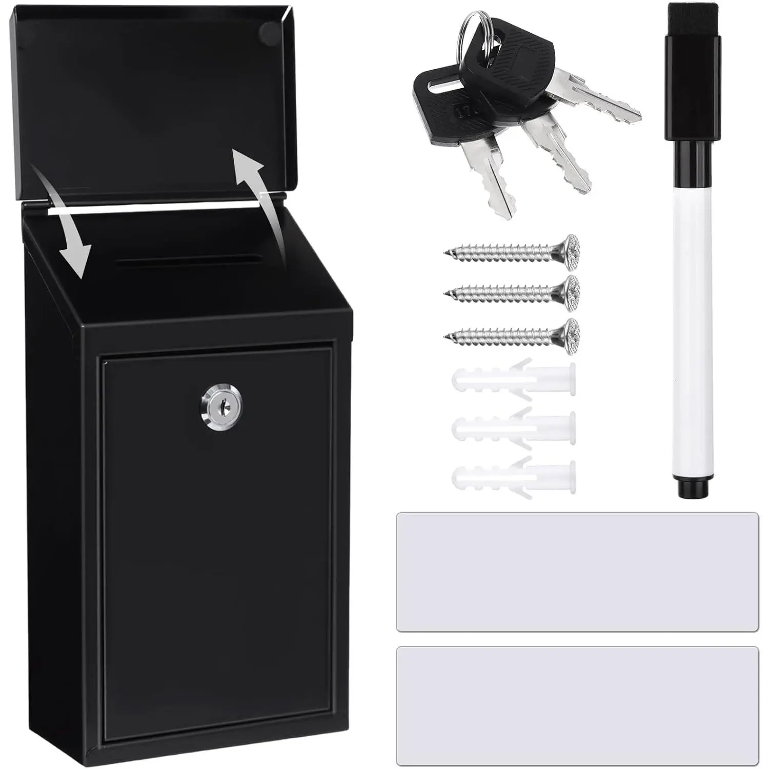 Black Secure Wall-Mount Waterproof Mailbox with Top Slot, Lock and Keys, Charity Steel Donation Collection Box for Home Office (10.2x5.7x2.9in), Lock Keys