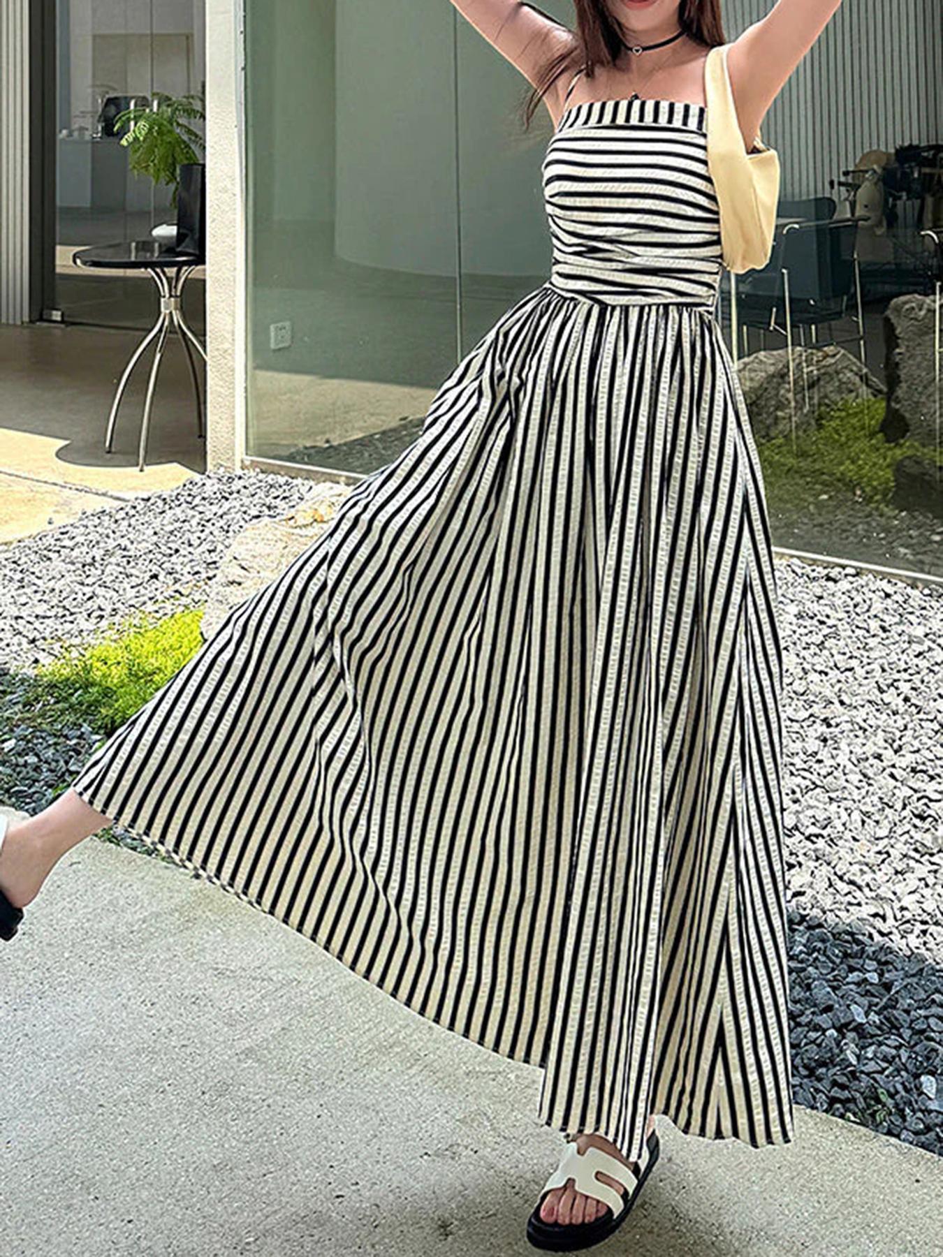 Women's Striped Print Cami Dress, Casual Sleeveless Spaghetti Strap Dress for Summer, Ladies Clothes for Beach Holiday