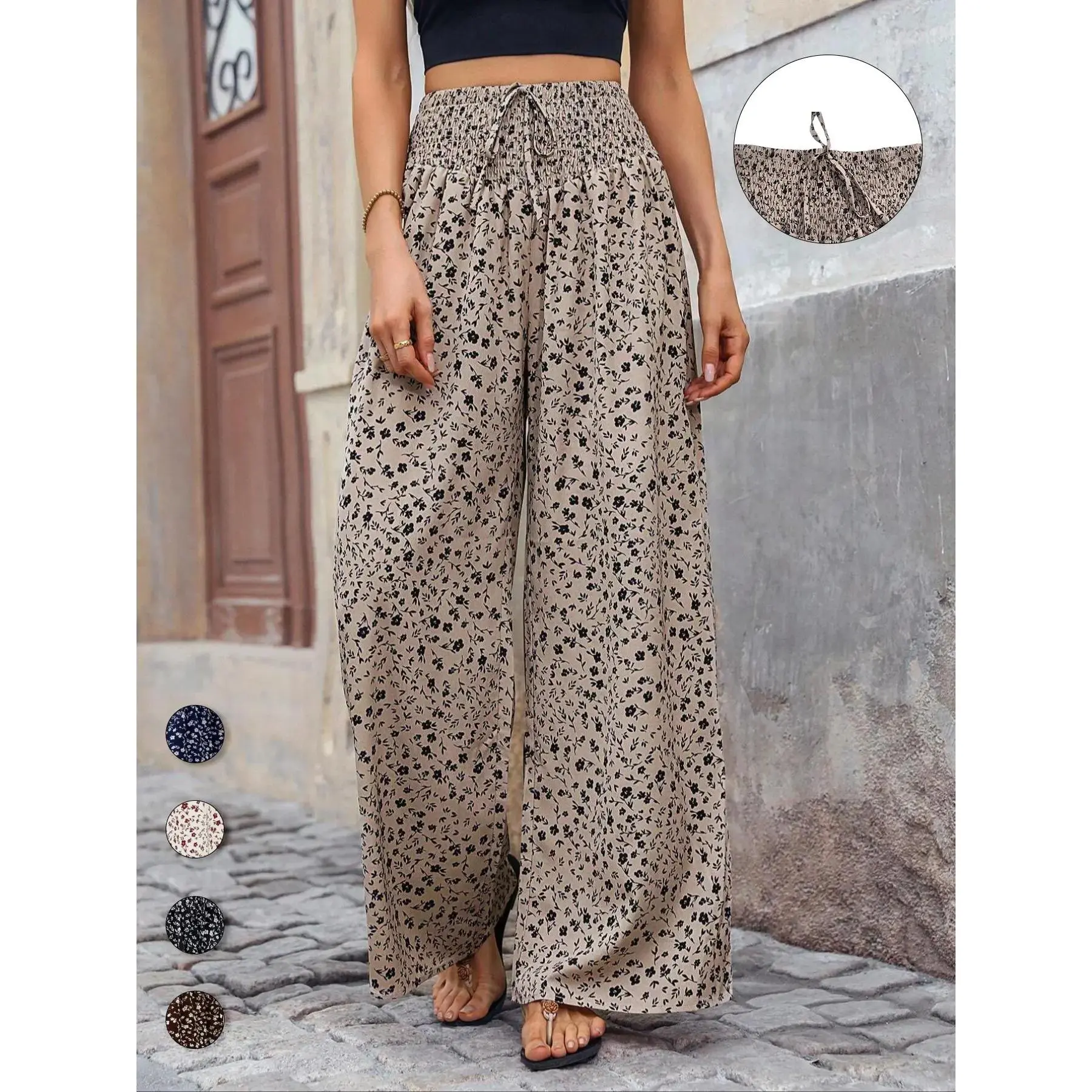 Plus Size Ditsy Floral Print Shirred Tie Front Wide Leg Jersey Pants, Boho Frenchy Style Chic Casual High Waist Fit Trousers for Beach Vacation Holiday, Women's Bottoms for Summer, Womenswear