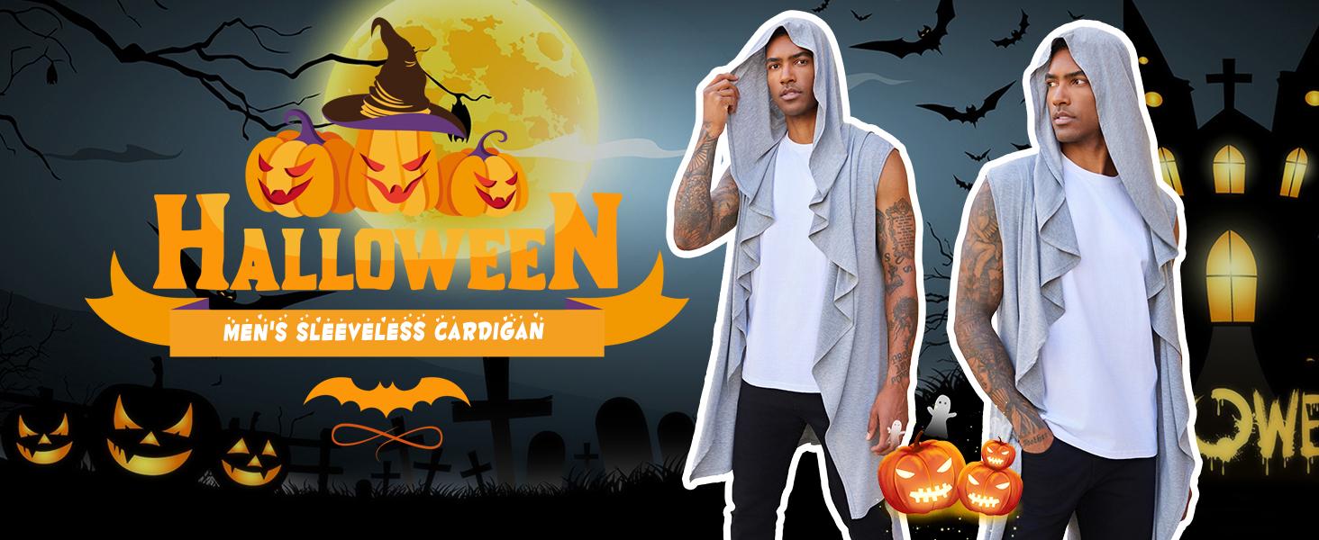 Beotyshow Mens Hooded Cardigan Sleeveless Ruffle Shawl Collar Open Front Knit Drape Robe Knitwear Menswear