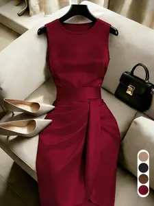 （Size runs small）（Knitted lustrous fabric）Elegant Wine Midi Dress, Sleeveless High Waist Wrap Dress, Asymmetrical Pleated Design, Perfect for Office & Formal Events