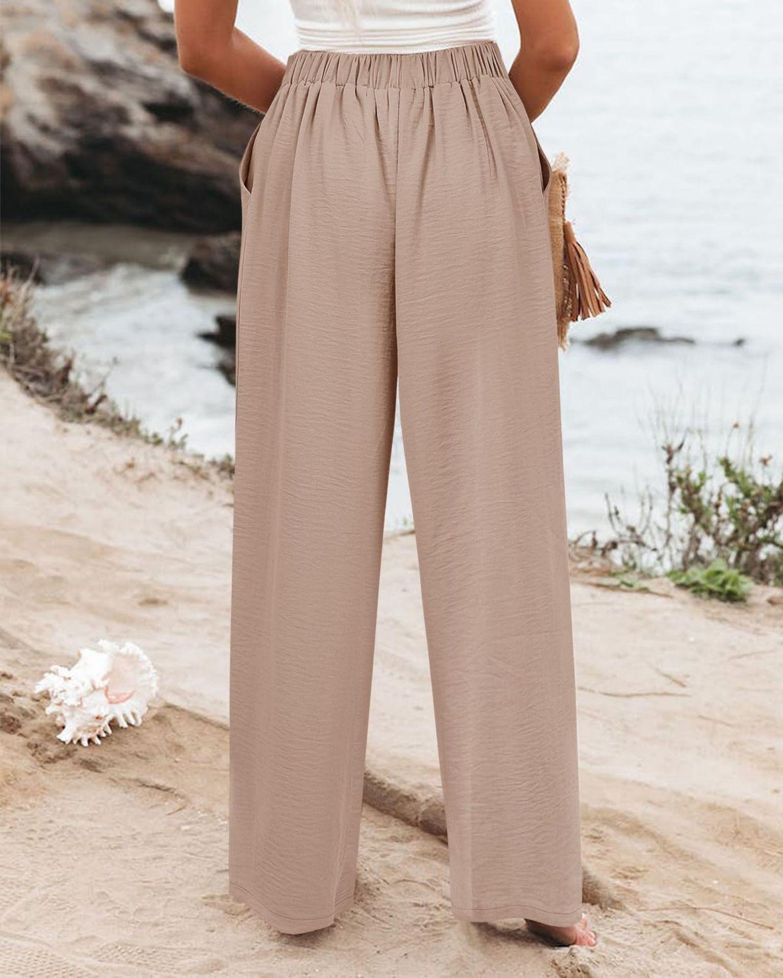 Women's Commuting and Vacation Summer Comfortable High-Waisted Long Pants with Buttons, Elastic Waist, Wide-Leg Casual Straight Pants