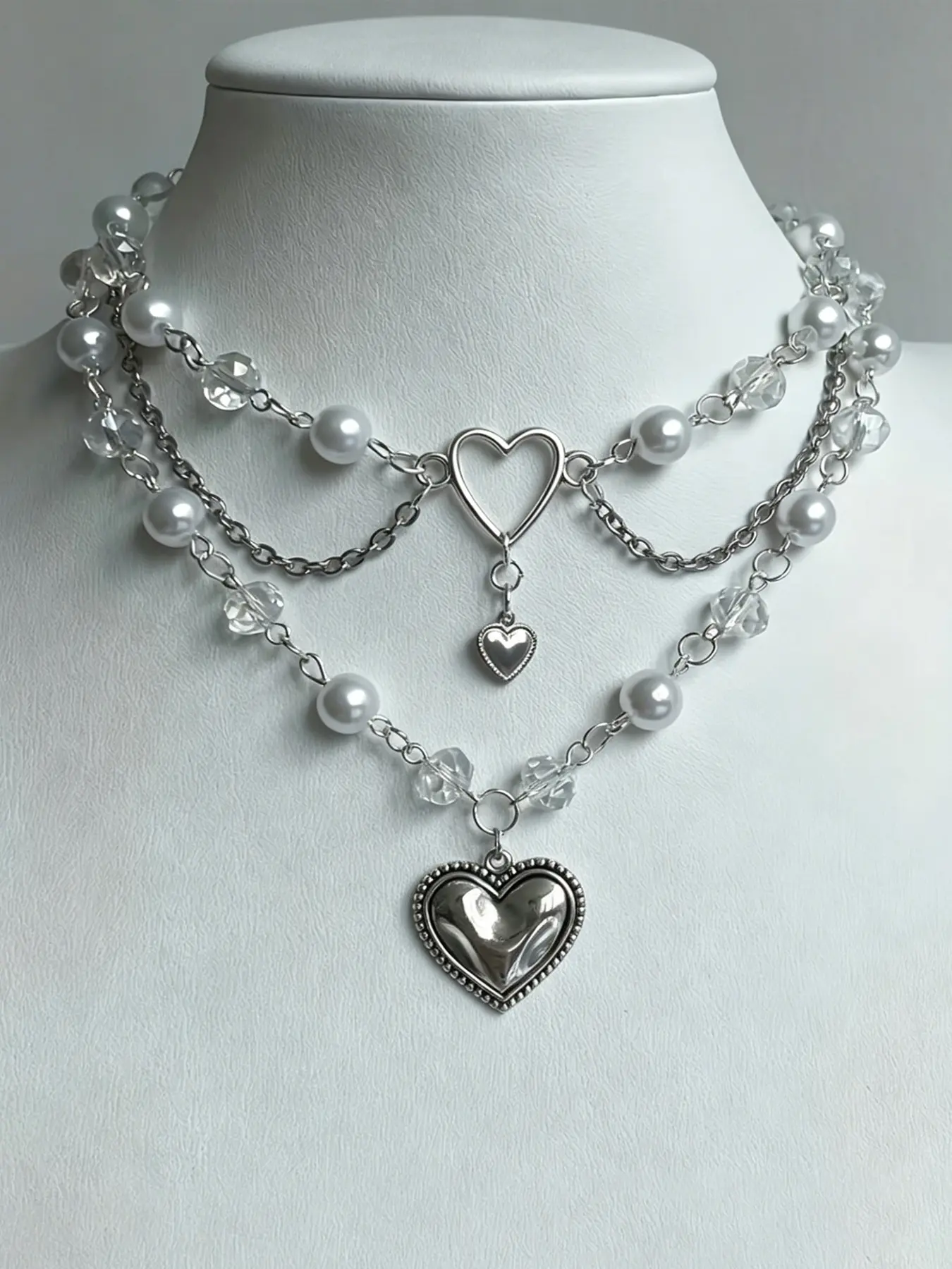 1 Piece Multi-Layer White Imitation Pearl Choker Necklace, Beaded Choker Hollow & Solid Heart Pendant Clear Transparent Bead Stacked Chain Statement Collar Neck Jewelry, Y2K Sweet Grunge Daily Fashion Neck Accessory For Women