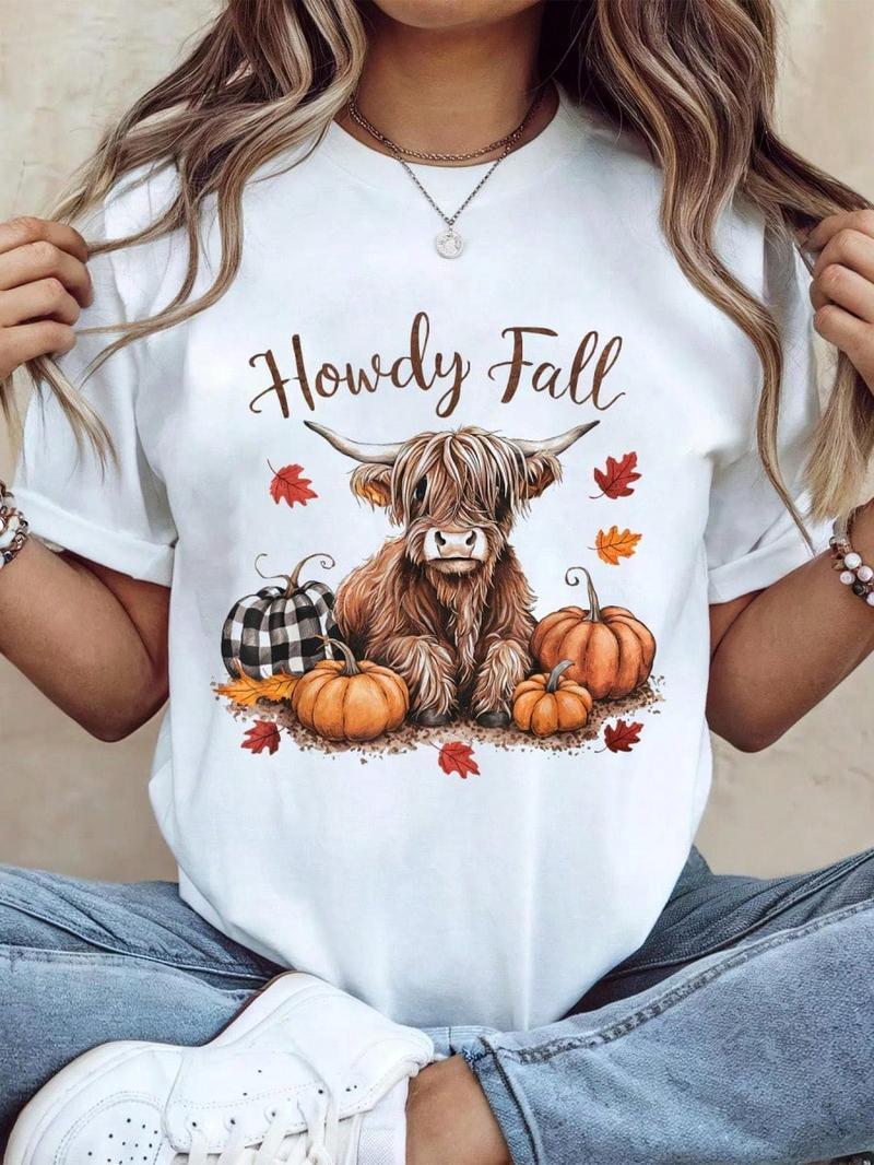 [100%25 Cotton]  Thanksgiving Graphic Women T Shirt Howdy Fall Highland Cow Happy Thanksgiving Autumn Vibes Fall T-Shirt Golf Gift T-Shirt For Men And Women