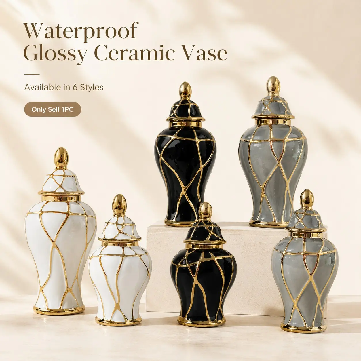 Modern Ceramic Ginger Jar with Lid, High-Gloss Gold Line Design Vase, Waterproof Decorative Flower Pot, Elegant Luxury Home Décor for Living Room Bedroom Office