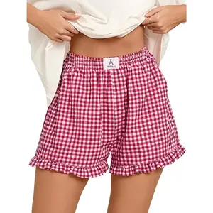 Boxer Shorts for Women,Gingham Plaid Elastic Waist Ruffle,Perfect for Lounge,Pajama&Sleep,Cute Casual Summer Bottoms