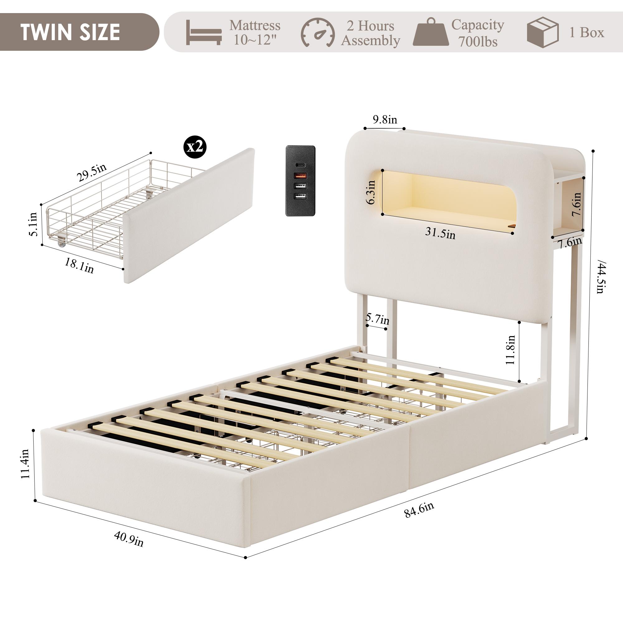HOSTACK LED Bed Frame with Storage Headboard & Charging Station Modern Platform Bed with USB Ports Velvet Upholstered Twin/Full/Queen Sizes No Box Spring Needed Easy Assembly Bedroom Bedframe, No mattress