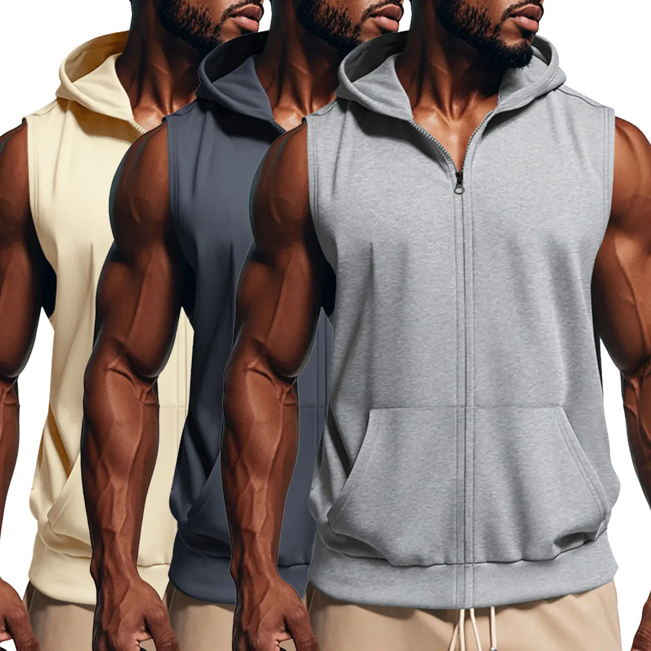 Men's 2/3 Pack Sleeveless Hooded Vests, Breathable Sporty Chic Zip-Up Outerwear with an Adjustable Hood for Gym Training, Black+Light Grey+Dark Grey, Zipper, Packs