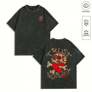 Y2K Vintage Garment Wash Cotton Oversized T Shirt Dark Punk Skull Heart Target Trust Nobody Dual Print Crew Neck Short Sleeve Street Top For Alt Fashion School Party Gothic Fan Wear