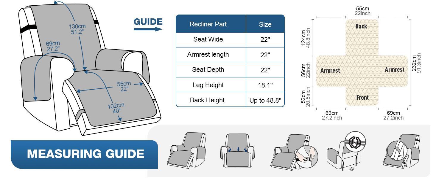 100% Waterproof Recliner Cover - Recliner Cover with Non-Slip Granule, Recliner Chair Covers with Elastic Band, Recliner Chair Covers for Reclining Chair(Dark Grey, Small-22'')