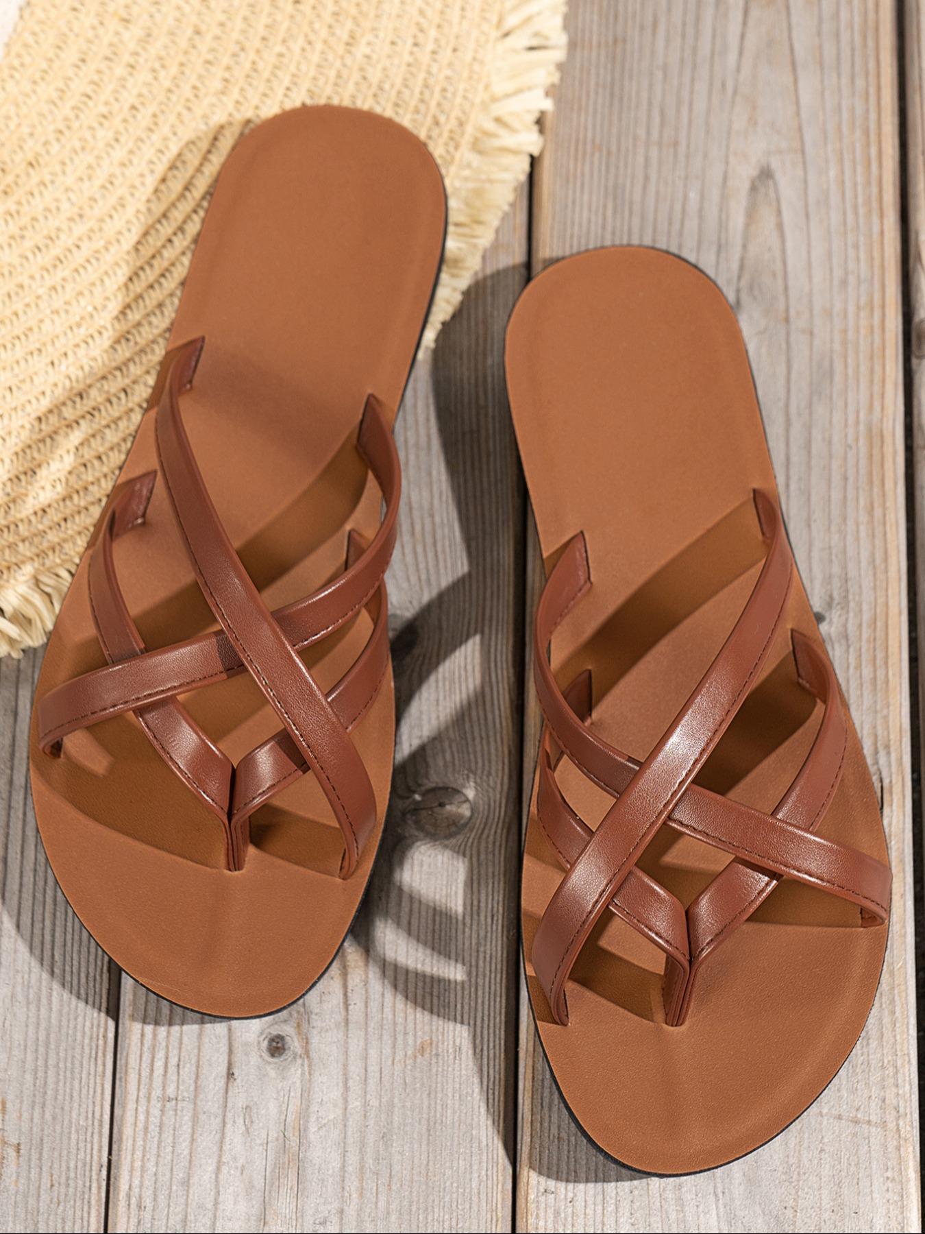 Women's Solid Color Toe Thong Sandals, Summer 2026 Hollow-Out Casual Slip-On Sandals for Beach, Wide Band Design for Daily Wear