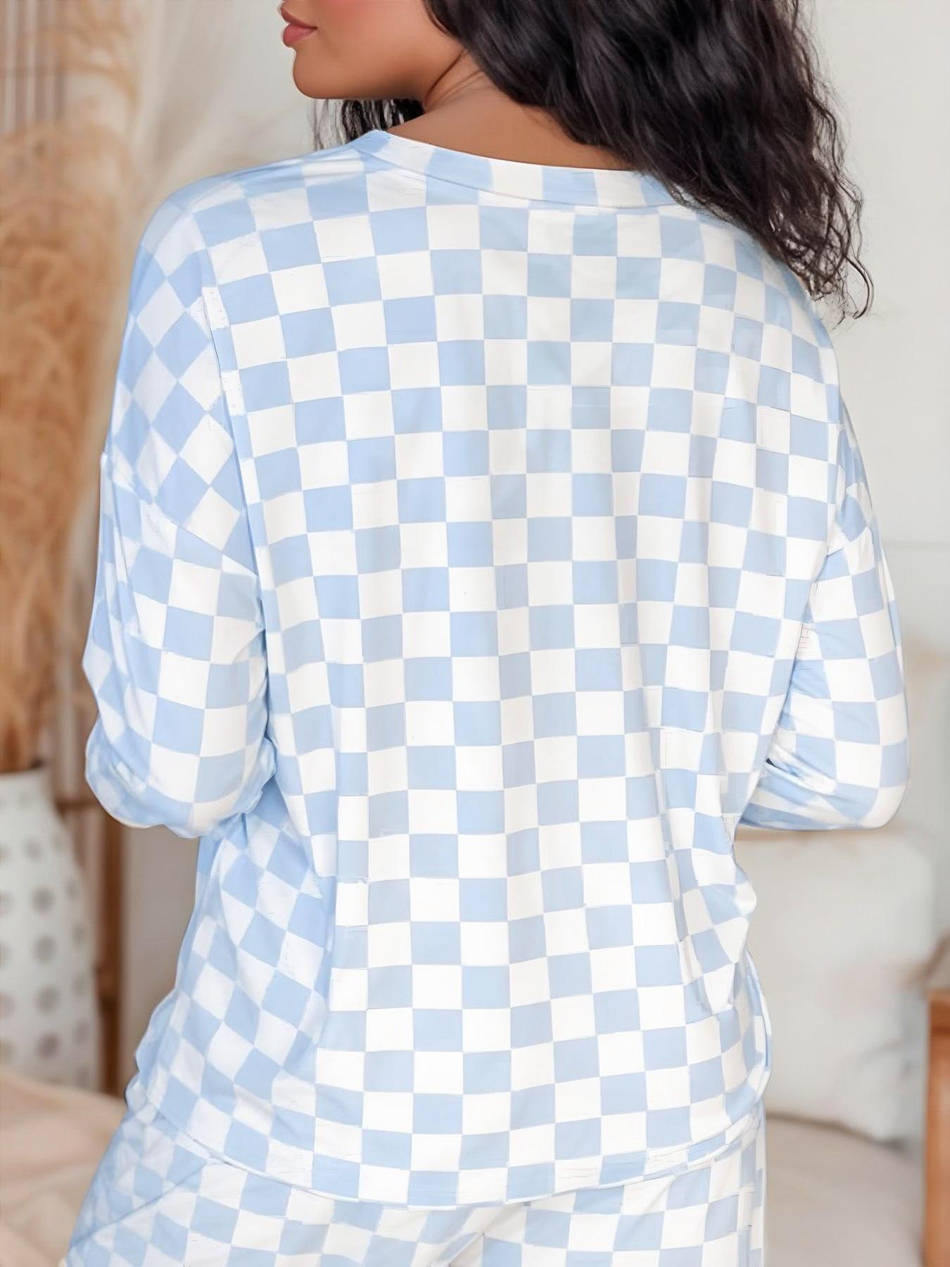 Women's Checkerboard-Print Long Sleeve Tee & Drawstring-Waist Pants Pajama Two-Piece Set, Casual Comfy Round Neck Top & Pocketed Trousers PJ Set, Ladies' Sleepwear & for All Seasons, Soft Lounge Sets