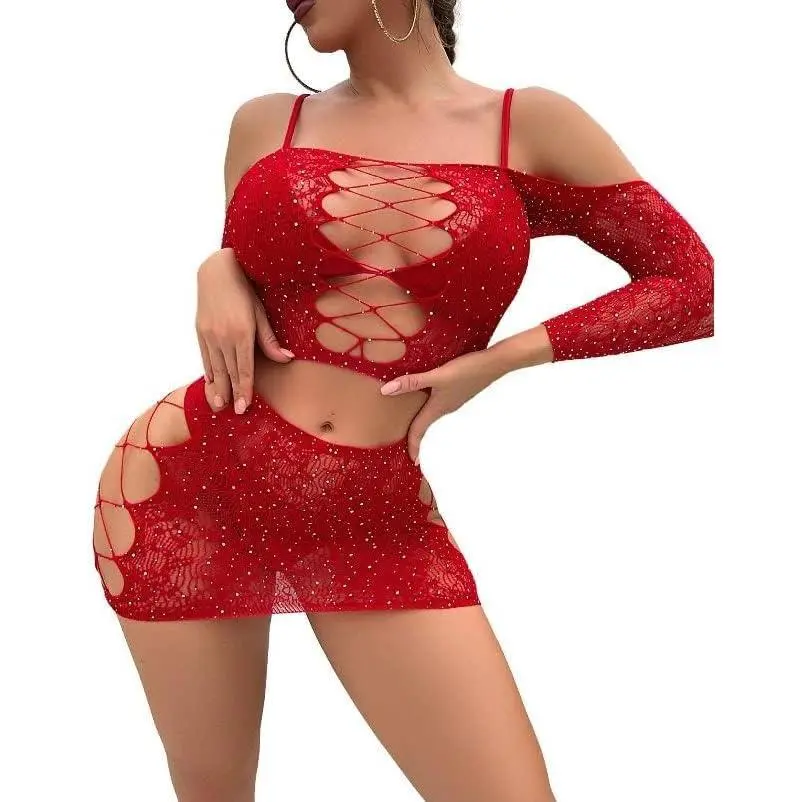 Women's Mesh Cut-Out Rhinestone Studded Fishnet Lingerie Set Tube Top with Skirt Sparkly Club Wear Party Costume Set
