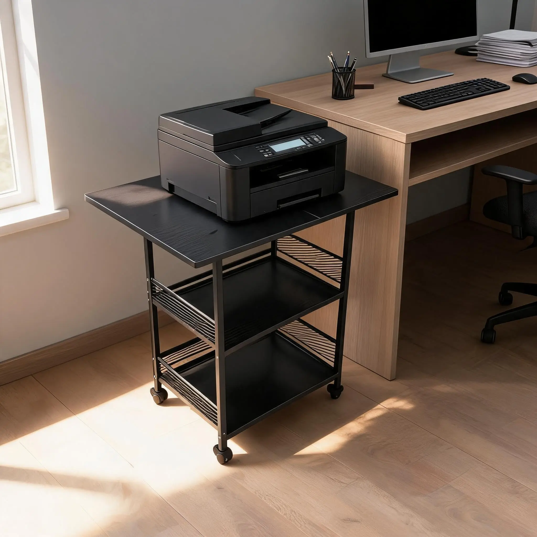 Mobile Printer Stand with 3 Tiers, Compact and Functional Printer Table Measuring 60 x 40 x 70 cm, Equipped with Smooth-Rolling Casters for Easy Mobility