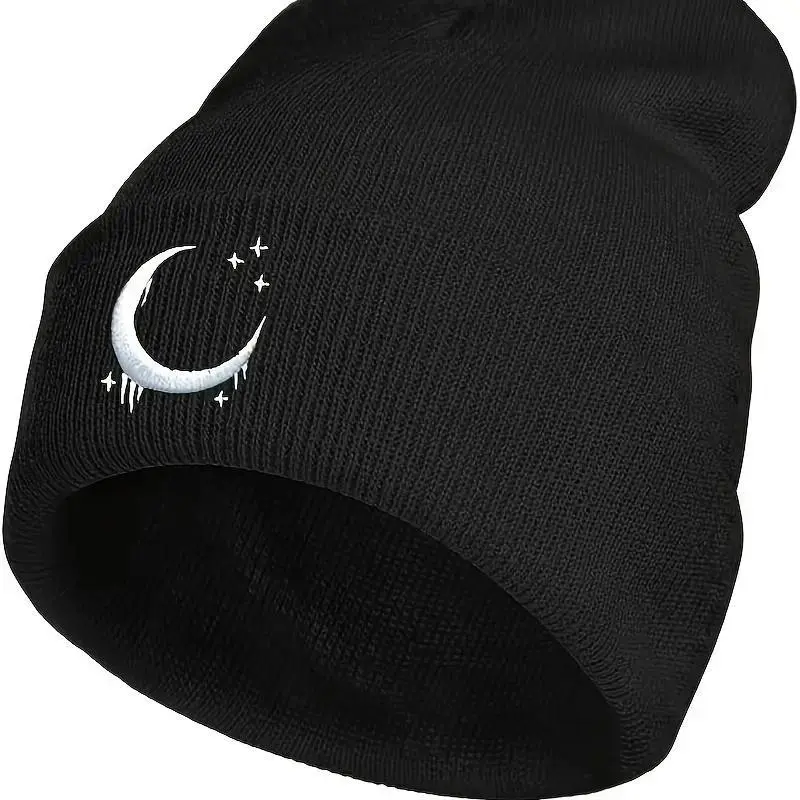 Crescent Star Embroidered Beanie, Unisex Gothic Knitted Skull Cap in a Soft Thermal Synthetic Fiber for Warm Winter Streetwear