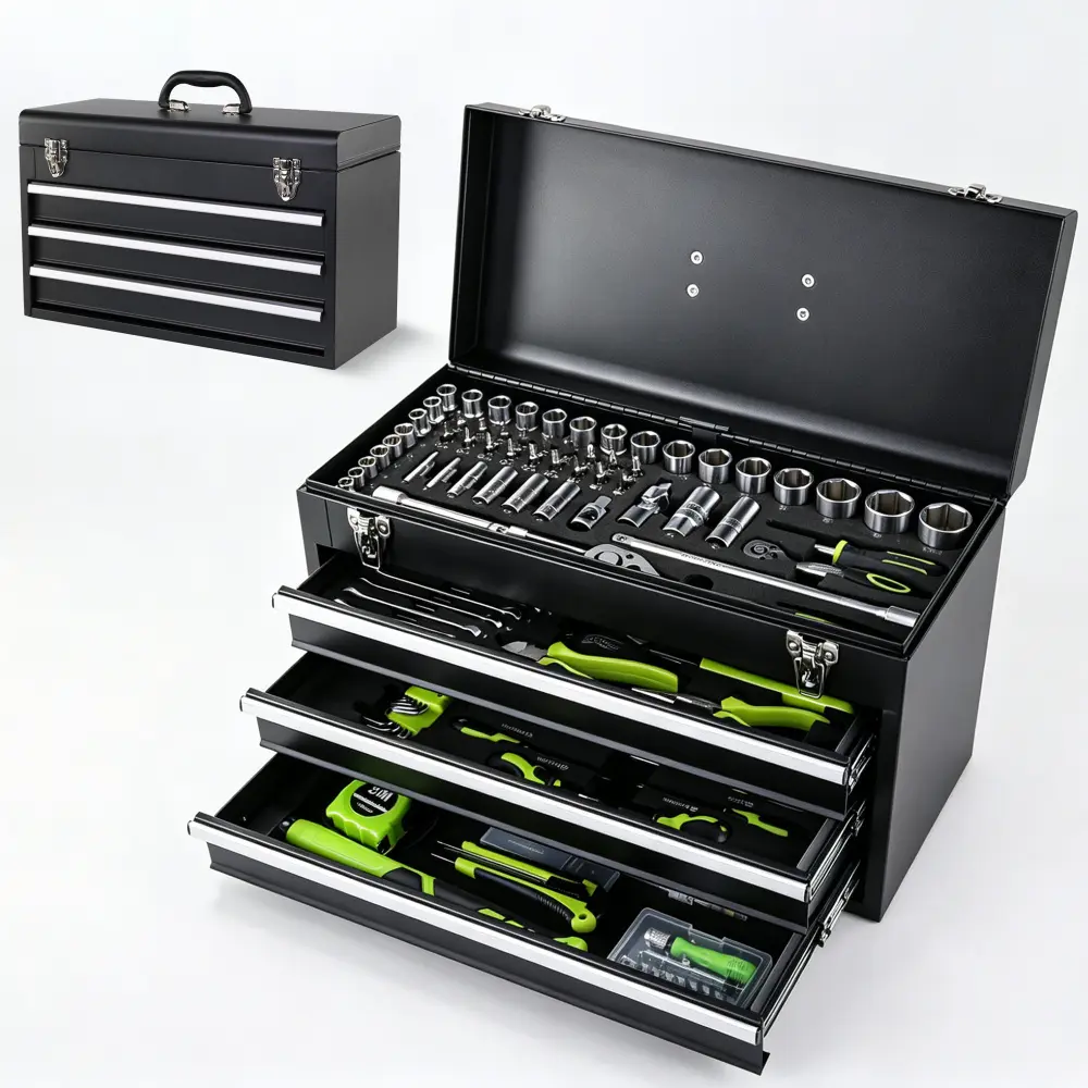 465-Piece Mechanics Tool Set with 3-Drawer Heavy Duty Metal Tool Box, Complete Automotive Repair Tool Kit with Wrenches, Sockets, Ratchet, Screwdrivers & Hand Tools, Professional Garage Workshop Equipment Set for Car Repair, Home Maintenance & DIY Project