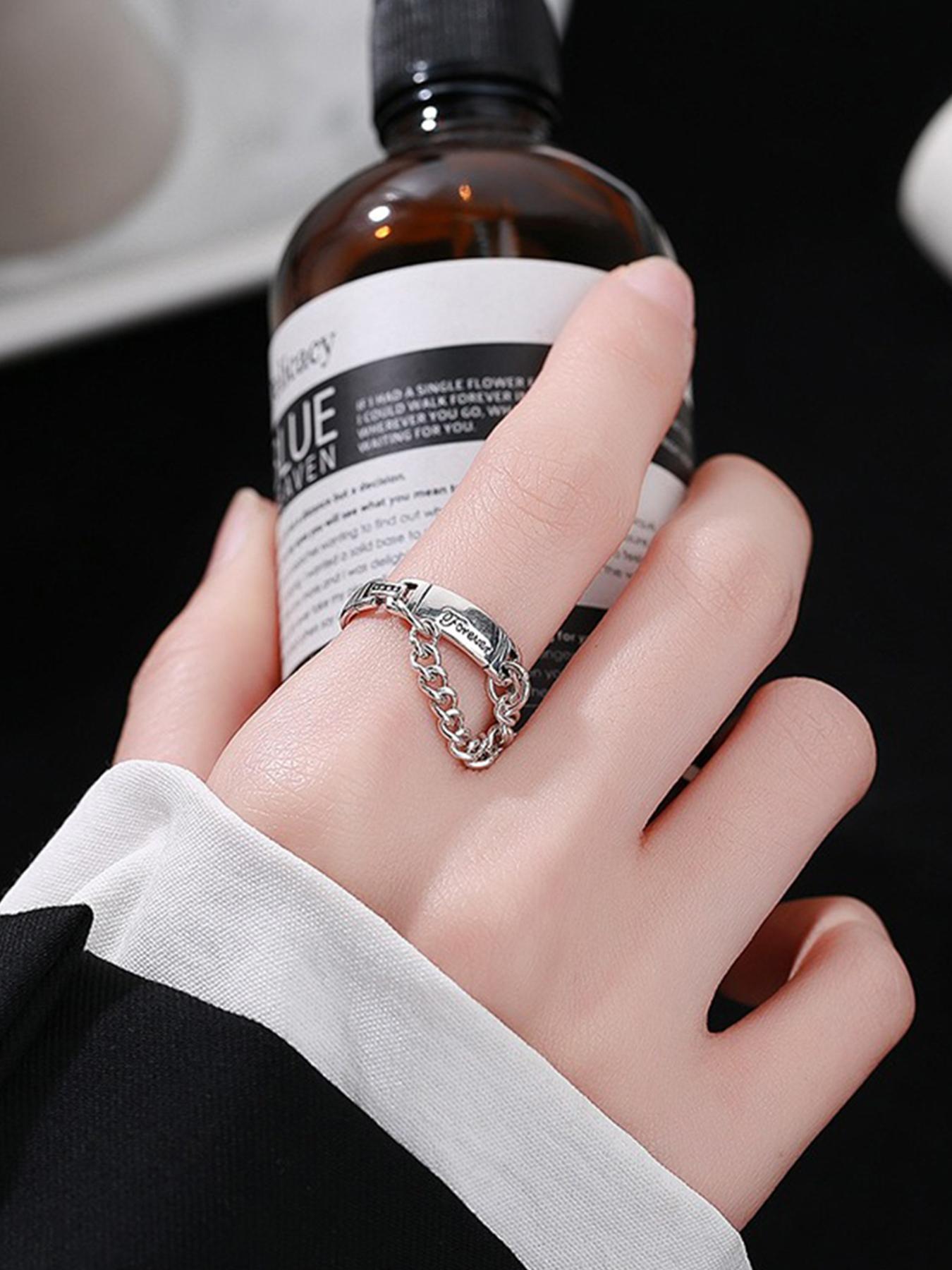 925 Sterling Silver Vintage Letter Design Engraved Ring, Adjustable Chain Design Ring for Women & Girls, Fashion Jewelry for Party, Daily Decor, Trendy All-match & Exquisite Jewelry for Birthday Gift, Valentine's Day, Gift