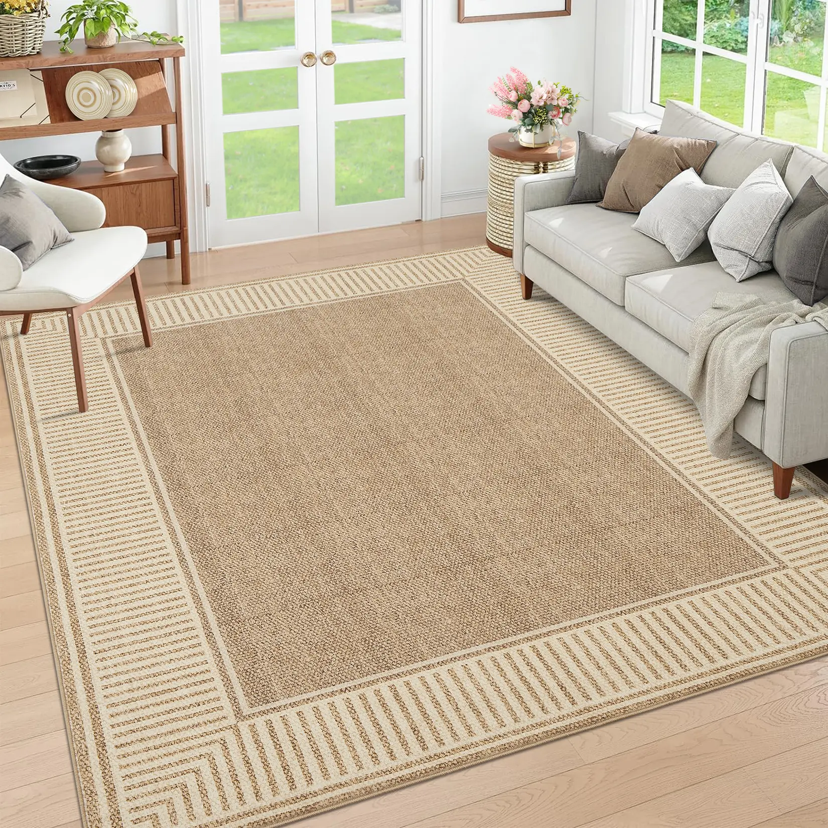 Washable Living Room Area Rug, Indoor Modern Striped Border Throw Carpet with Non Slip Backing Low Pile Stain Resistant Dining Room Rug Contemporary Bordered Carpet for Home Office