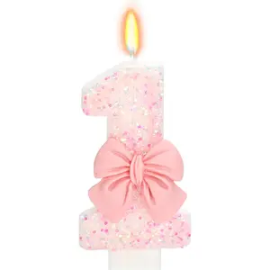 Birthday Candle for Cake Pink Glitter with Bowknot 2.76 inch Number 1 Happy Birthday Candle Cake Topper Decoration for 1 Year Old Birthday Party