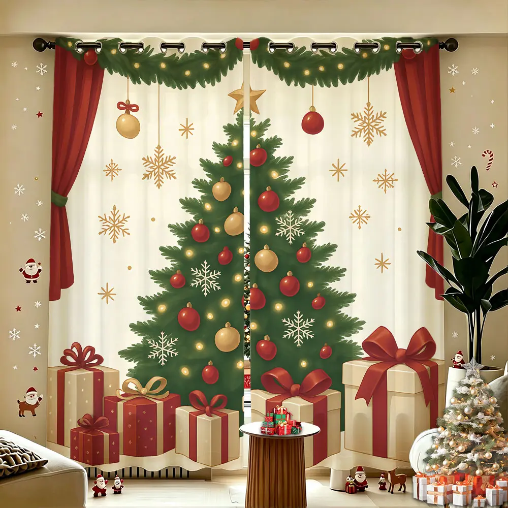 2 Panels 60-65% Blackout Window Curtains, Christmas Tree Gift Print Light Blocking Room Darkening Drapes, Country Xmas Curtain for Living Room Bedroom Home Decor