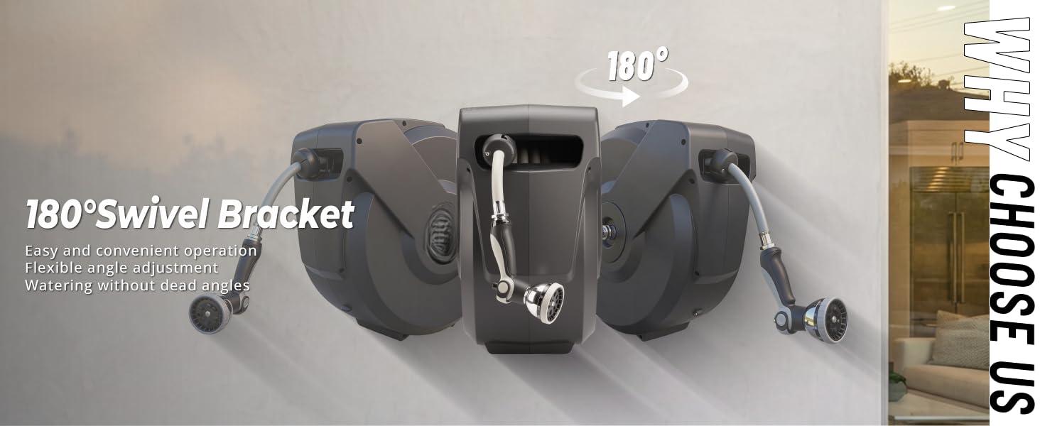 Retractable Garden Hose Reel 5/8"x100ft, 3-Ply Reinforced, High-Flow, Any Length Lock, 180 °   Swivel Bracket, Heavy-Duty Aluminum Mount, Slow Retract, Auto-Layer, 10 Spray Nozzle