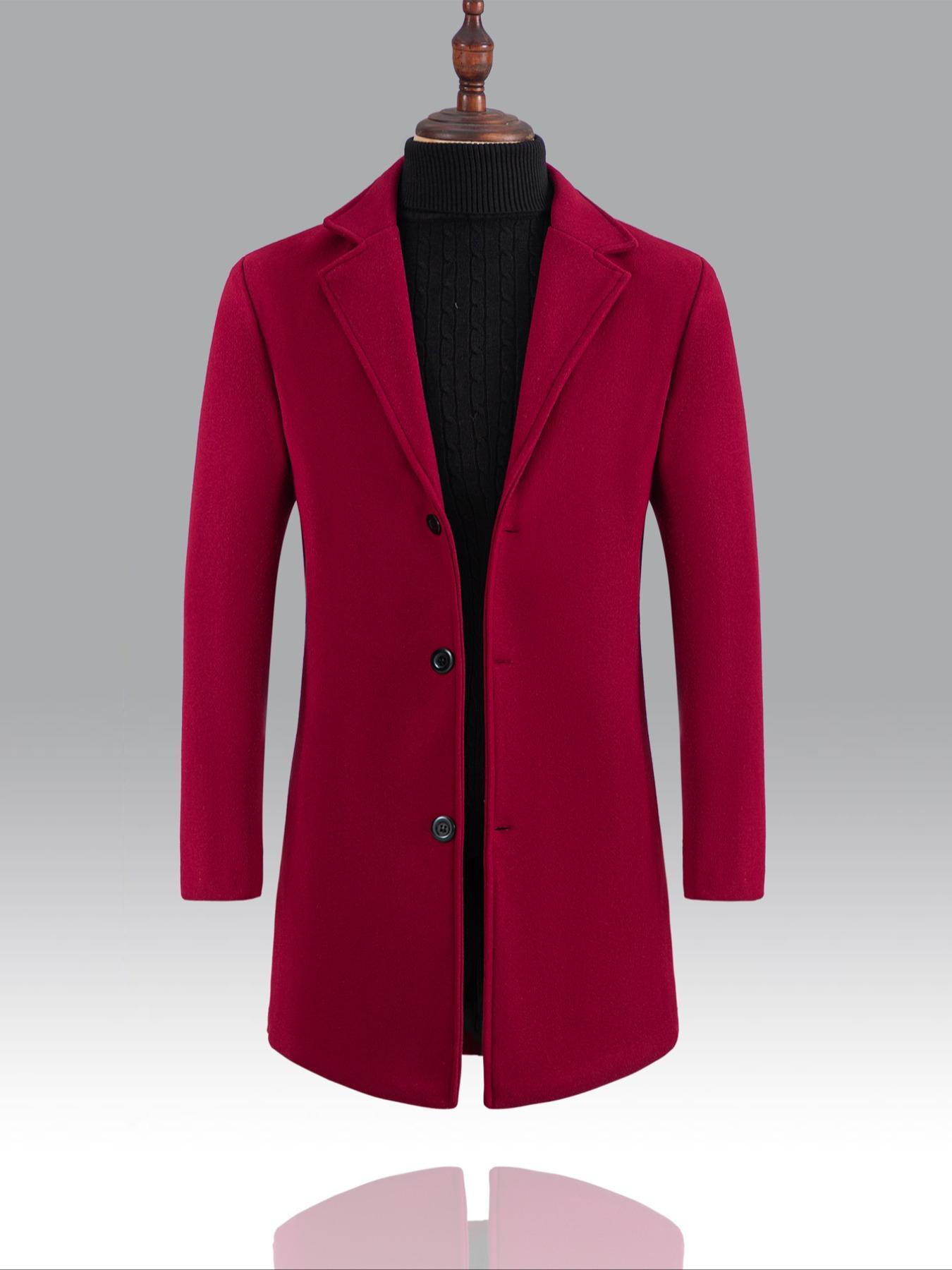 Men's Regular Fit Solid Lapel Collar Single Breasted Trench Coat, Long Sleeve Button Front Coat For Men, Fashion Casual Cozy Comfy Men's Outerwear For Winter Jackets