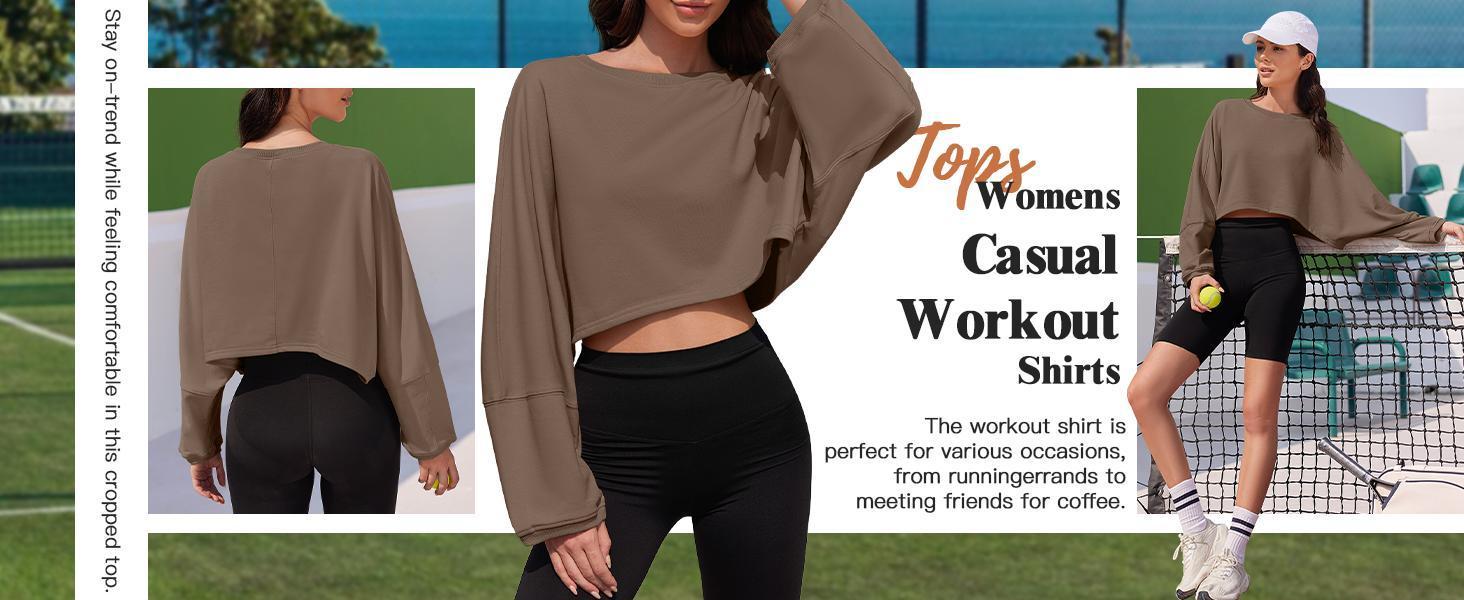 Fashare Womens Long Ballon Sleeve Sweatshirts Tops Cropped Crew Neck Loose Fit Casual Workout Shirts