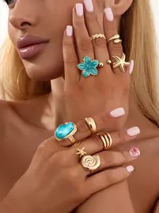 10 Pcs Bohemian Vintage Starfish Open Ring Set, Adjustable Shell Rings for Women, European Style Beach Vacation Jewelry
