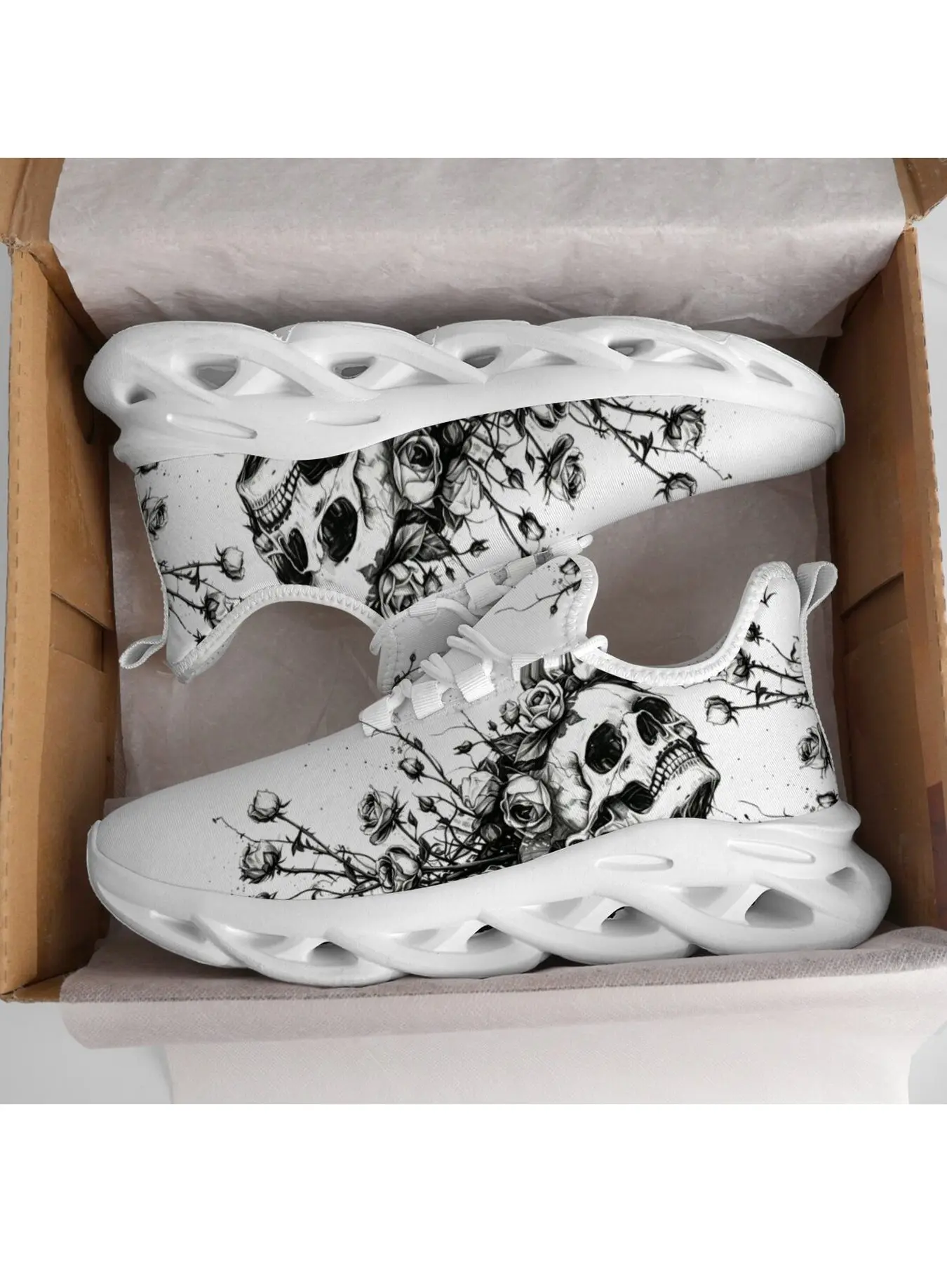 Monochrome Sketch Rose Skull Blade Sneakers, White Hollow Wave Sole Mesh Athletic Shoes, Black Ink Drawing Floral Skeleton Gothic Punk Pattern Casual Running Trendy Trainers for Men Women