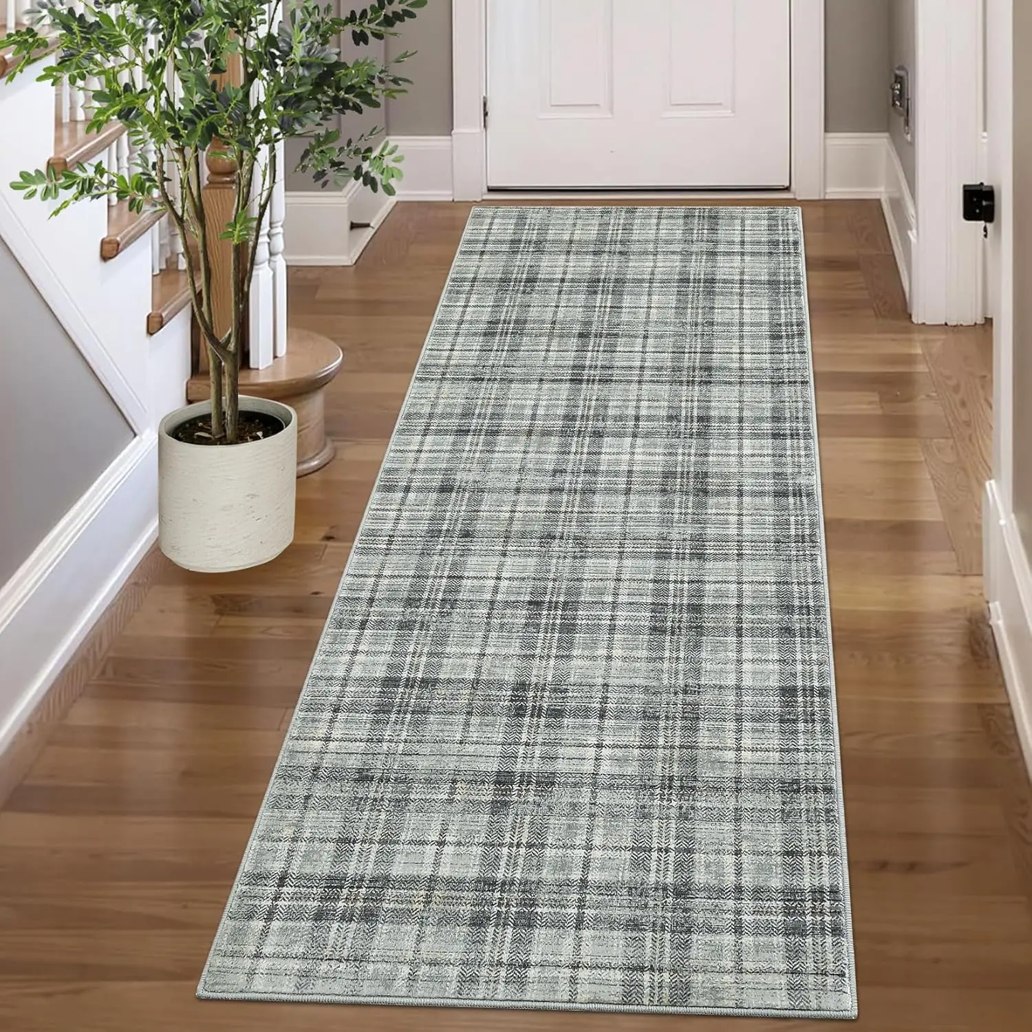 Washable Runner 2x6 Non Slip Kitchen Rugs Modern Plaid Hallway Rug Indoor Entryway Rug Tartan Farmhouse Soft Bath Mat Stain Resistant Carpet for Bedroom Laundry Green