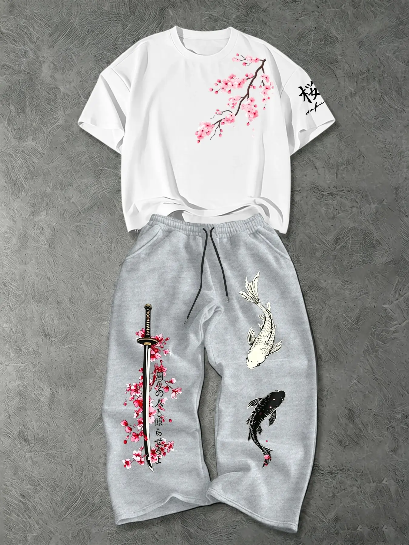 Men's 2-Piece Set, Cherry Blossom Sword Koi Cultural Japanese Print, Sporty Fitted Trousers, Summer Streetwear, Casual Ethnic Style