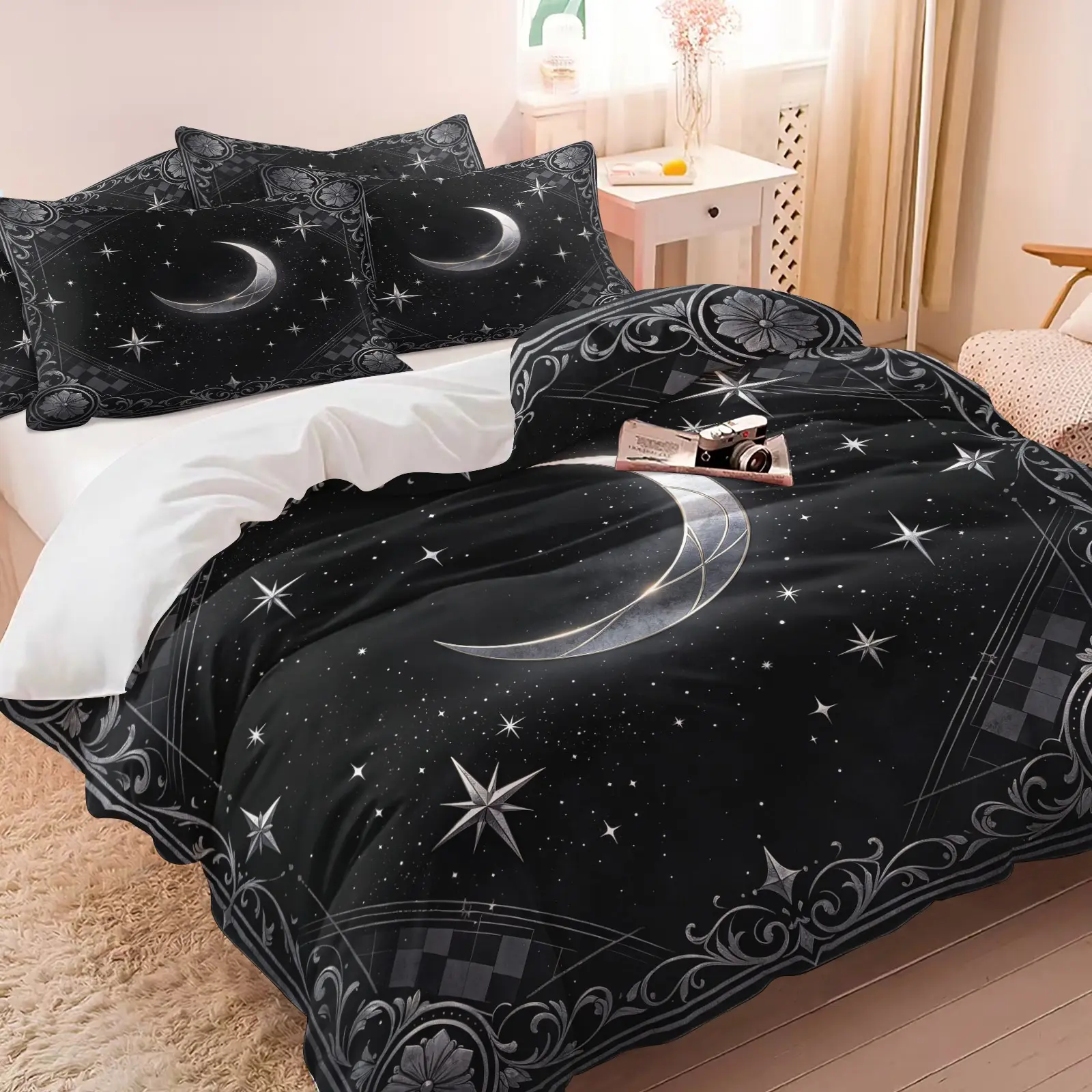 3PCS Black Silver Crescent Moon Star Duvet Cover Set (1 Duvet Cover + 1-2 Pillowcases), Vintage Swirl Border Celestial Print, Soft Comfy All Seasons Summer Vibes Bedding Set, Ideal for Gothic Mystic Witchy Bedroom Dorm Decor