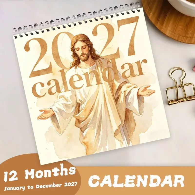 1pc 2027 Jesus Calendar, Monthly Wall Calendar, 8.2" X 8.2", Spiral Binding Hanging Wall Calendar, Perfect For Home Office Supplies Room Decor Office Decor Back To School Supplies Dorm Room Essentials College,Suitable For Reminders, Recording, Planning