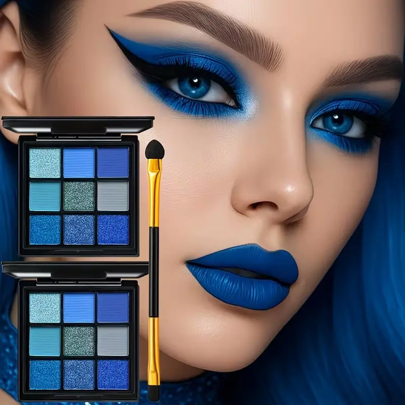 Rebellious Girl Blue Eyeshadow Set, 3-Piece Kit with 18 Shades, Dual-Ended Brush, Perfect for Various Makeup Looks