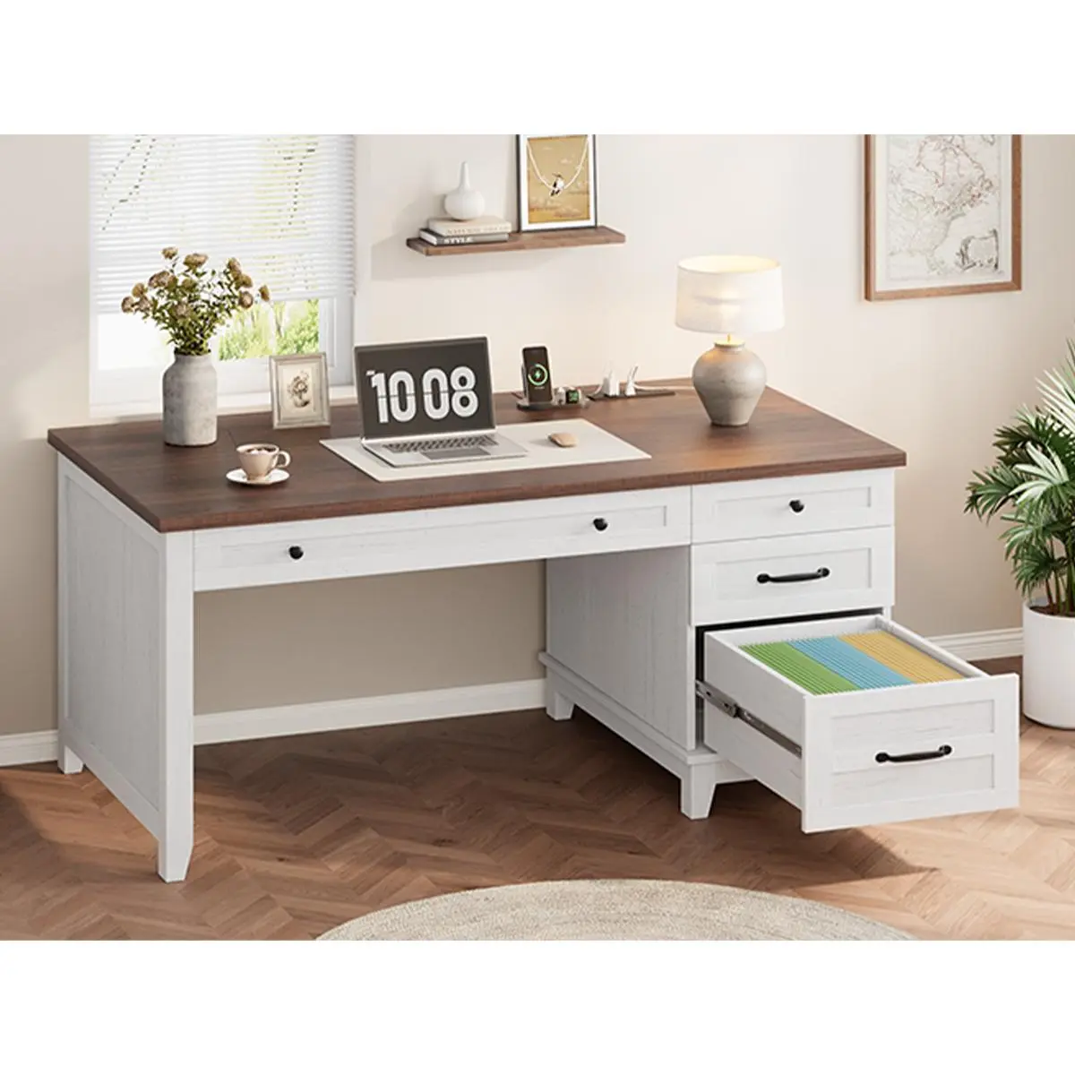 Garvee Rustic Farmhouse Executive Computer Desk with Charging Station – 53.5" Spacious Wooden Workstation, Adjustable File Cabinet, Storage Drawers, Power Outlets & USB Ports – Home Office Desk