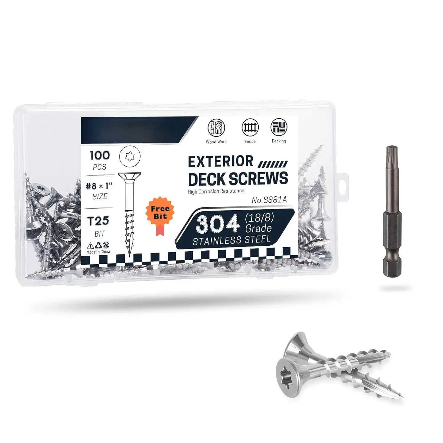#8 x 1 in 304 Stainless Deck Screws, 100 count | Flat  Stainless Screws with T25  Drive for Outdoor  Fence, Deck, Trim, and Repair Projects.