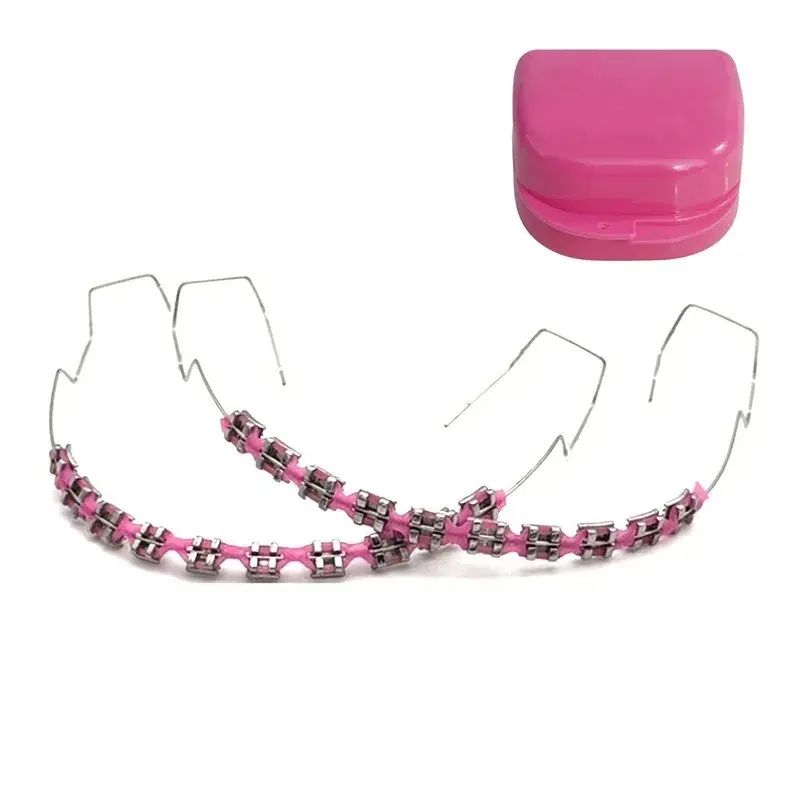 High Quality Fashion Braces Colorful Temporary Tooth Decoration with Metal Wires Metal Bracket Orthodontic Ligature Ties 1pair Oral Pink