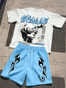 Men's personalized stylish two-piece matching set, robot like printed short sleeved shorts, outdoor casual suit