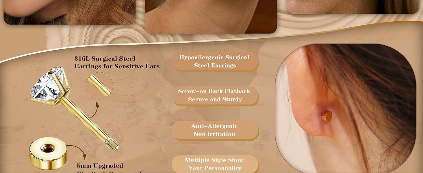 Florideco Small Gold Earrings for Women Hypoallergenic 20G Surgical Stainless Steel Flat Back Stud Earrings Dainty Stackable Earring Stacks Hoop Cartilage Earring Sets for Multiple Piercing