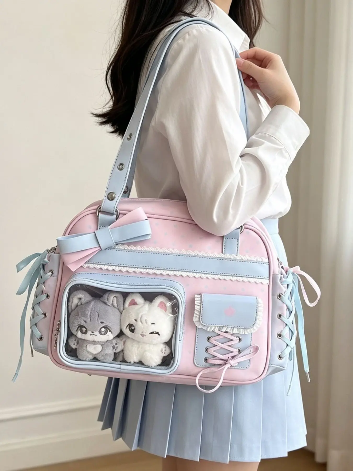 Sweet Lolita Bow Ita Bag, Pink Blue Polka Dot PU Handbag, Lace Decor Transparent Window Shoulder Bag For Plush Doll & Badge Display, Crossbody Handbags