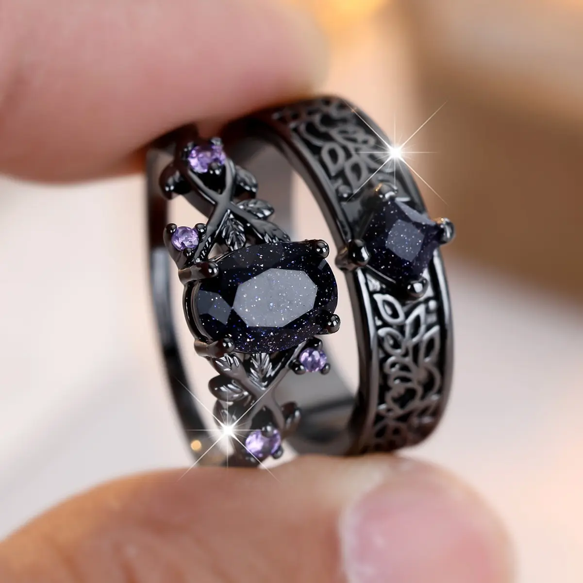 2PCS Unique Blue Artificial Gemstones Engagement Rings for Women Birthday Anniversary Gift, Artificial Zircon Rings, Zircon Jewelry, Personality Rings for Men, Stackable Engagement Ring