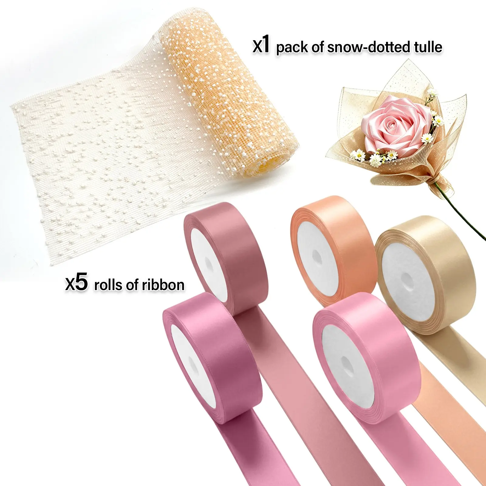 Holiday DIY Decoration Kit, 5 Rolls Ribbon with Snowflake Mesh, Total Length 143.5ft, Perfect for Bouquets, Gift Bows, Wedding, Valentine's Day, Christmas, New Year