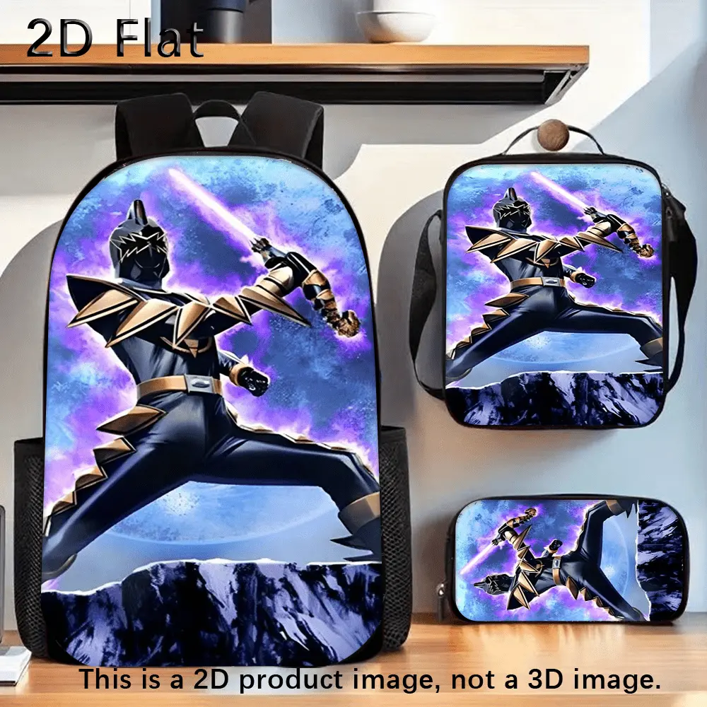Durable Water Resistant 3-Piece Backpack Set, Backpack + Insulated Lunch Bag + Pencil Case, Black Gold Super Sentai Ranger Glowing Lightsaber Cosmic Mountain Scene Print, Breathable Padded Straps