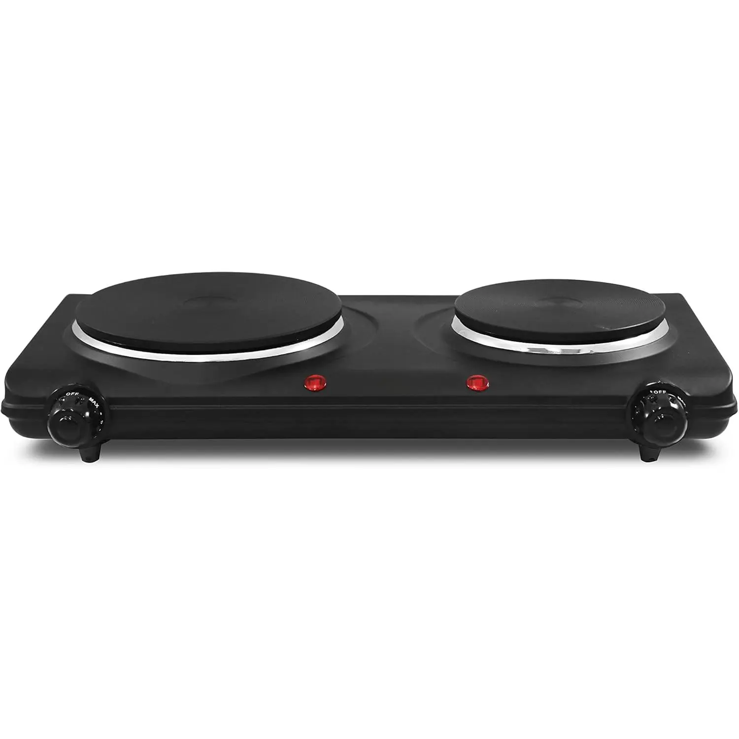 1500W Power Electric Cast Iron Double Burner Countertop Hot Plate for Home Users, Manual Precise Temperature Controls, Power Indicator Lights, Easy-Clean Black Home Supply, Compact