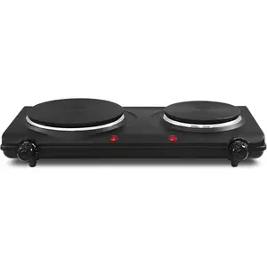 Countertop Double Cast Iron Burner, 1500 Watts Electric Hot Plate, Temperature Controls, Power Indicator Lights, Easy to Clean, Black