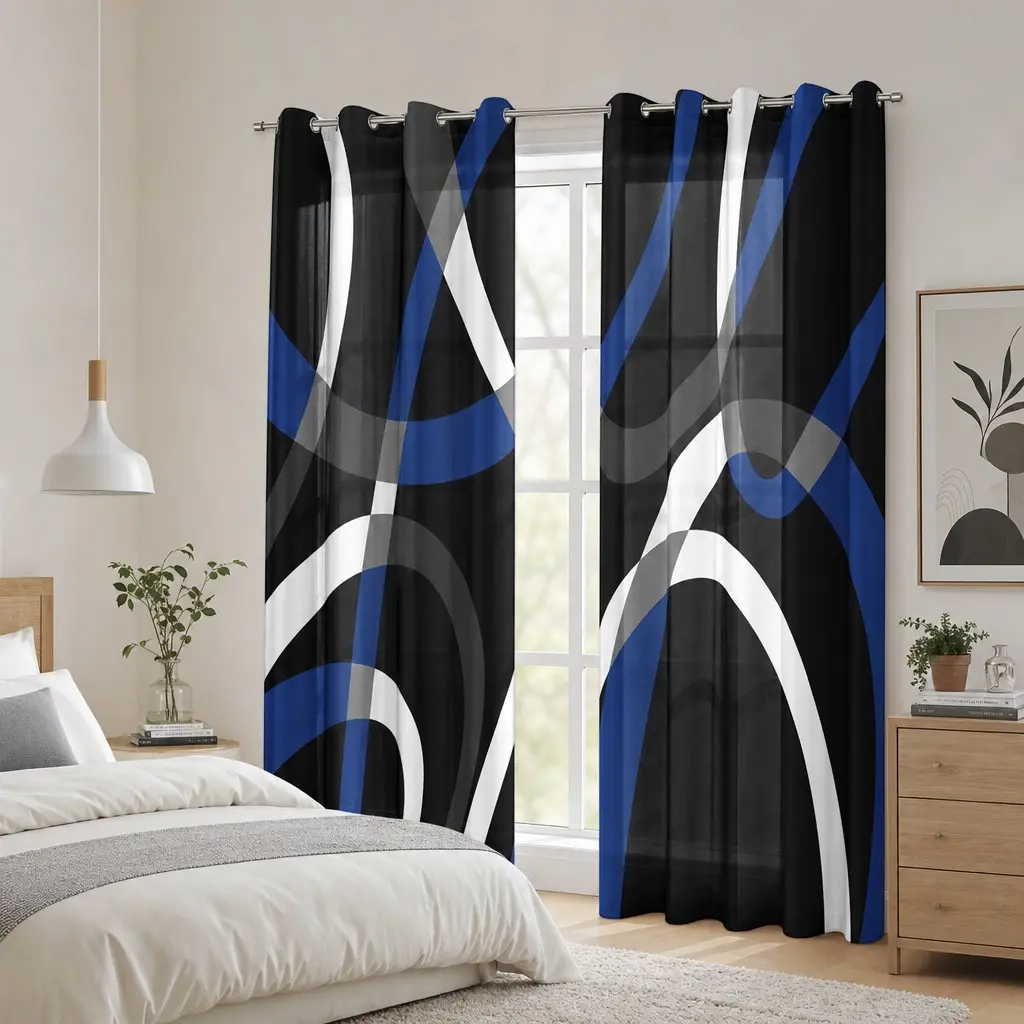 and Blue Semi-Sheer Curtains for Bedroom and Living Room, Modern Round Pattern, Abstract Stripes, Set of Two