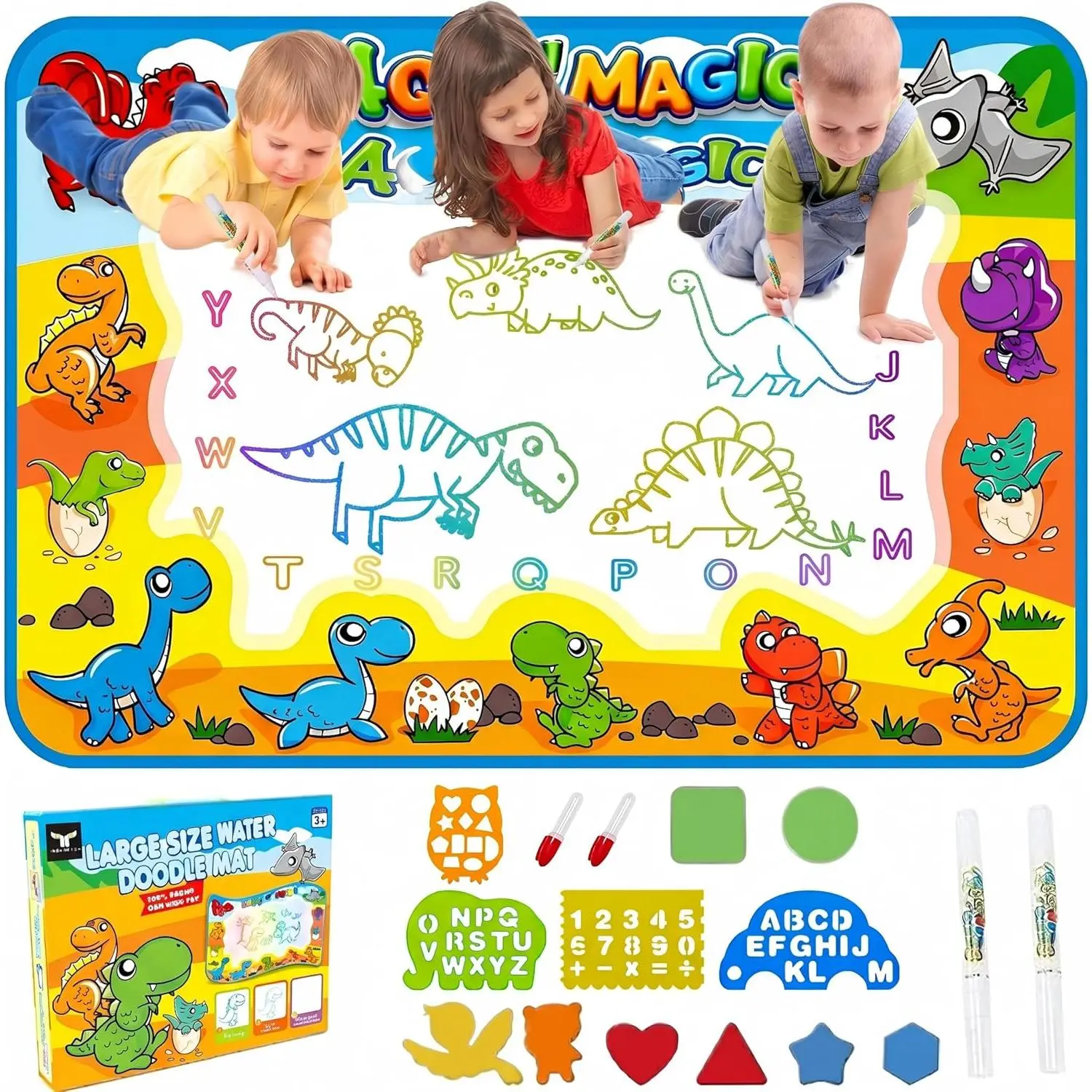 Water Doodle Mat for Toddlers 1-3: Mess-Free Coloring Toy,Dries in 5-10 Mins for Endless Play,Dinosaur Reusable Aqua Painting Board Toddler Toys,Birthday Gifts for 1-3 Year Old Boy