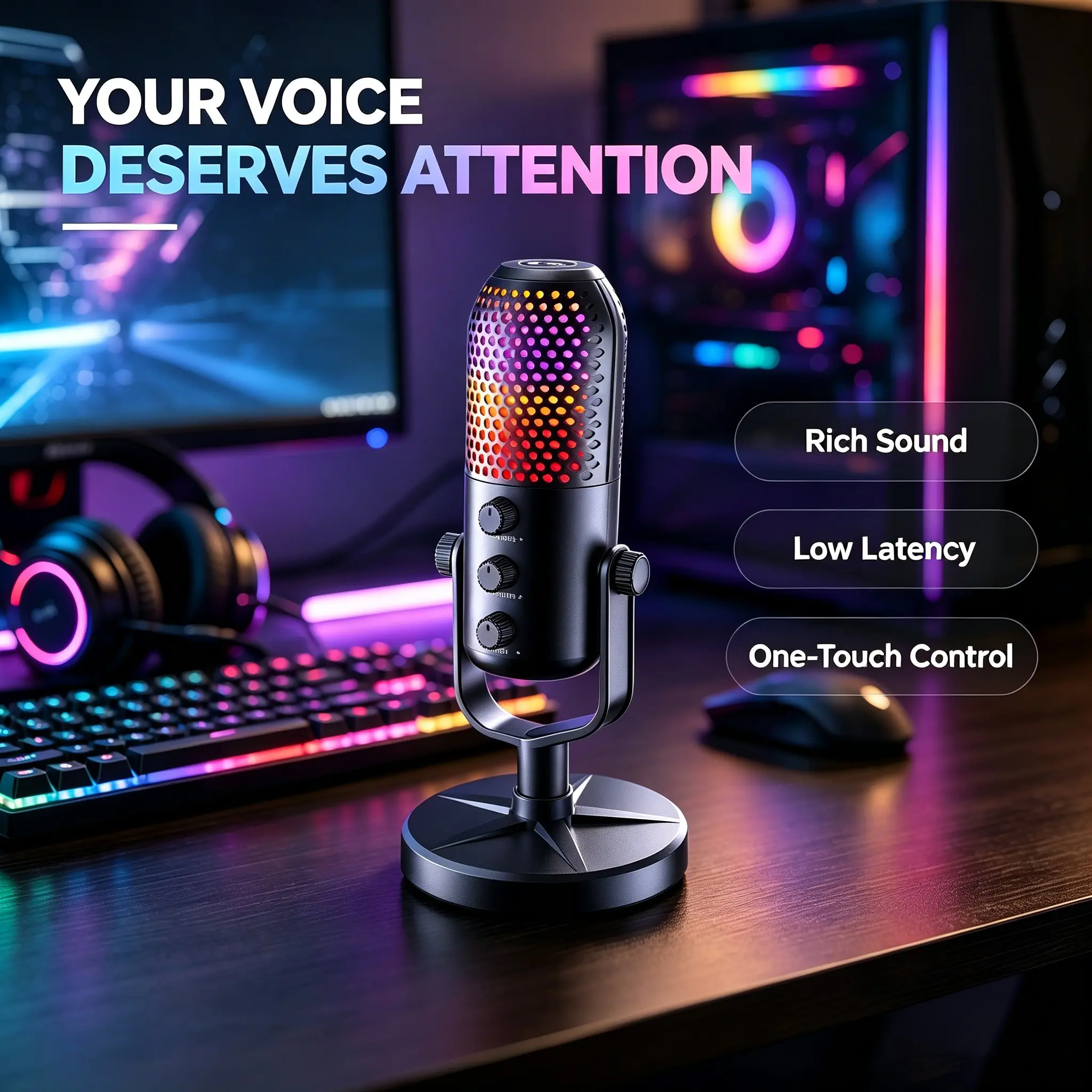 Live Streaming Gaming Microphone, USB Condenser Mic, Quick Mute, Round Stand, Pop Filter with RGB Light, Shock Mount, Volume Control, Ps4 Ps5 PC